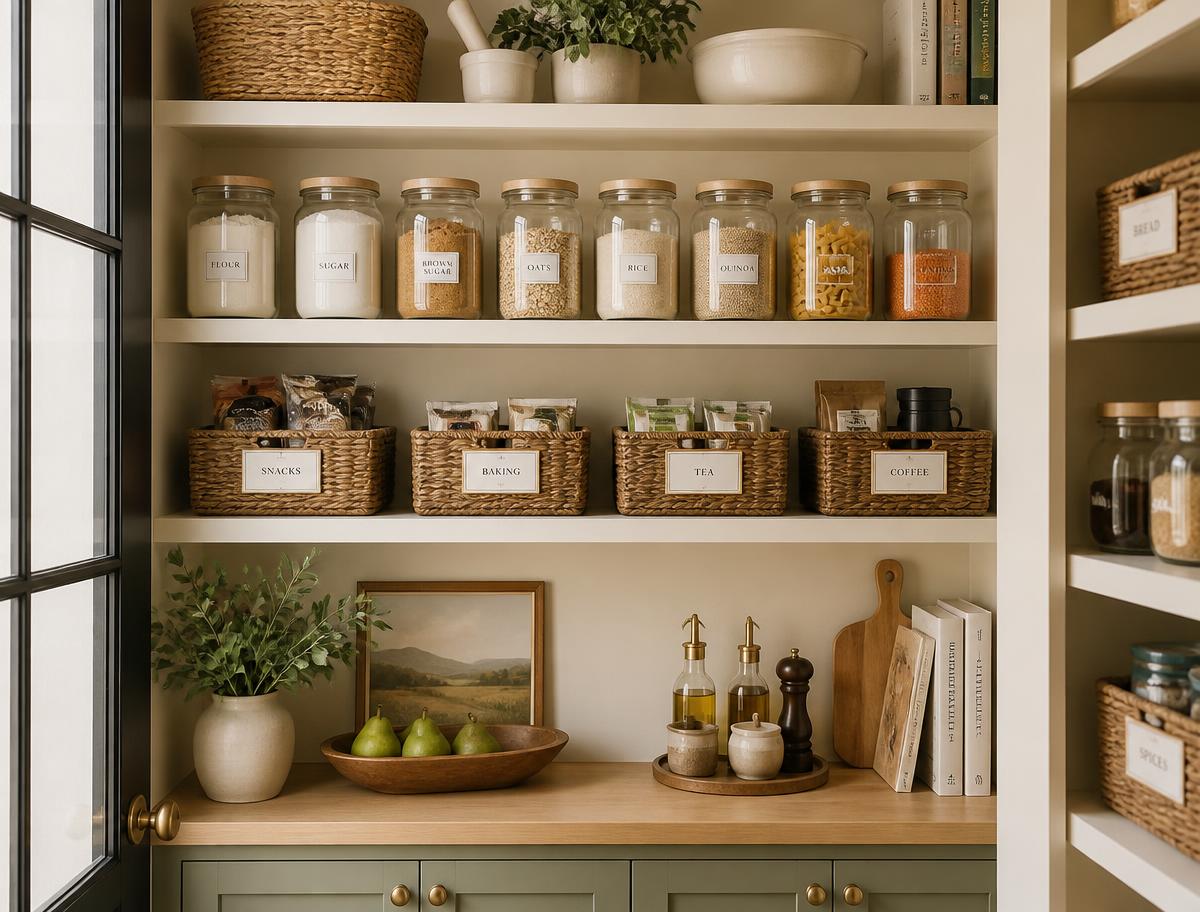 Organized pantry shelves with labeled jars and woven baskets